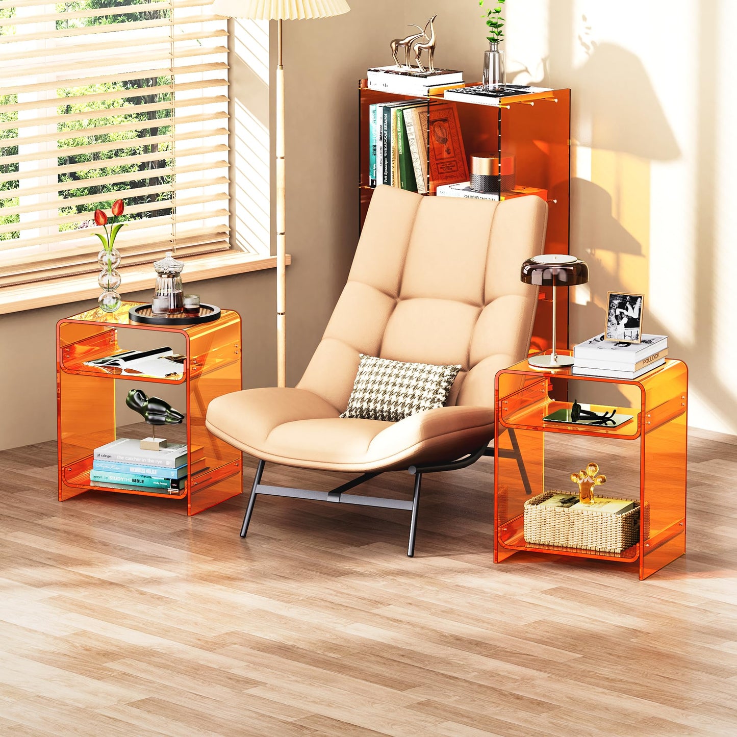 Acrylic End Table with Storage Shelf, Clear Side Table, Record Player Table, Nightstand, 15.7x19.7x11.8 (Orange, 40×30×50 cm)