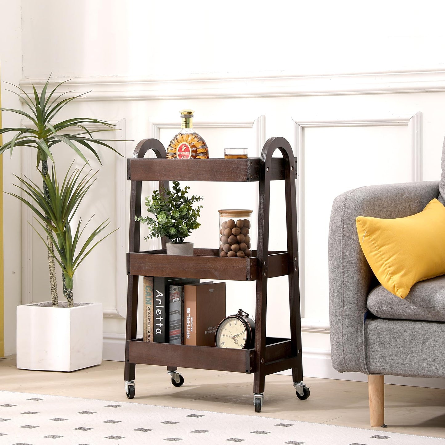 lamde 3-Tier Wooden Rolling Cart- Wooden Utility Cart wit Wheels- Utility Rolling Cart-Storage Trolley Organizer- Rolling Kitchen Cart Serving Cart