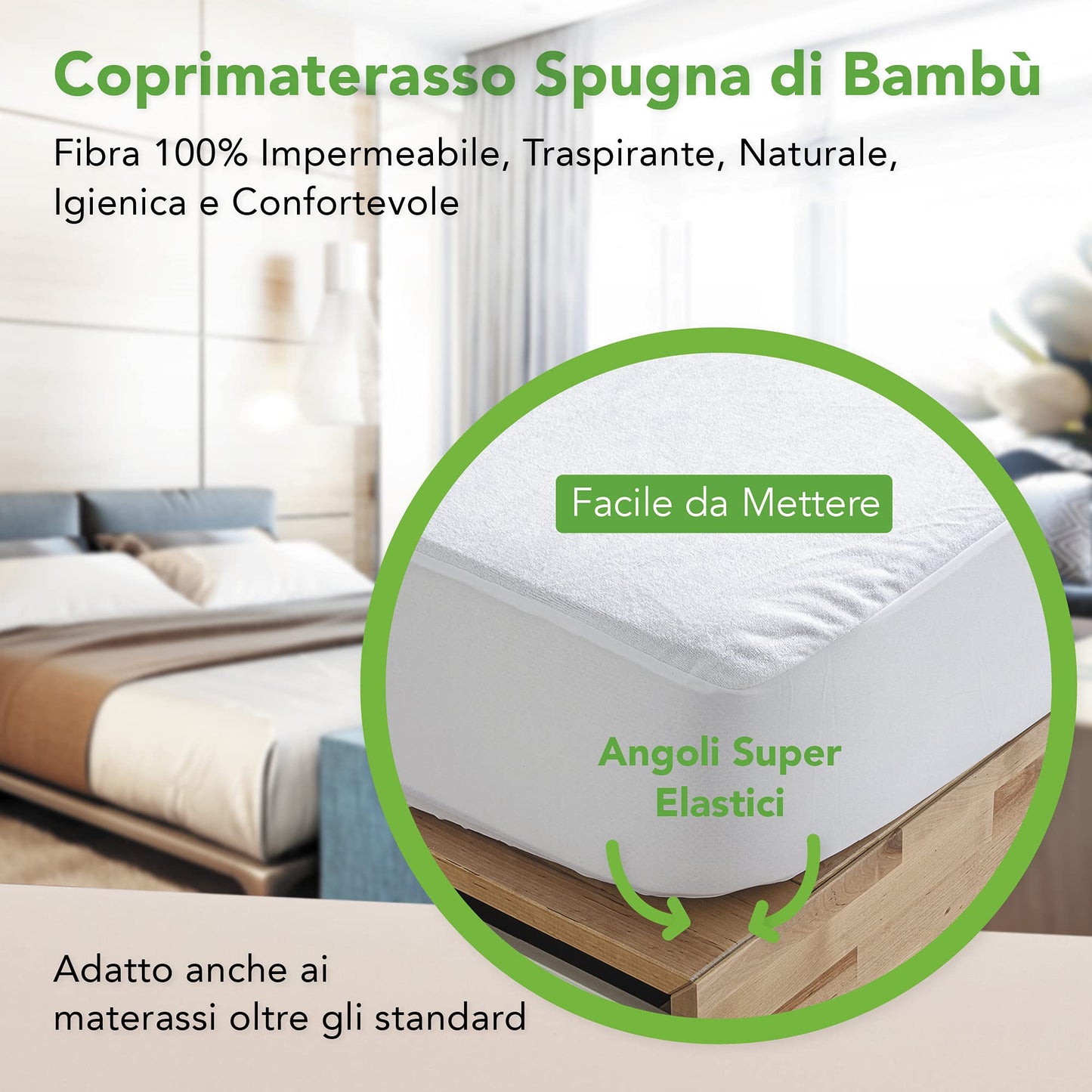 Waterproof Double Mattress Protector 160 x 200 cm – Super Soft Natural Bamboo Terry Fabric – Super Elastic Corners Up to 30 cm – Refreshing