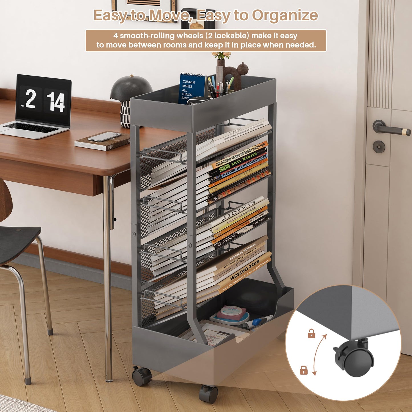 Ornestia Metal Book Trolley, Mobile Storage Bookcase with Wheels(Grey)