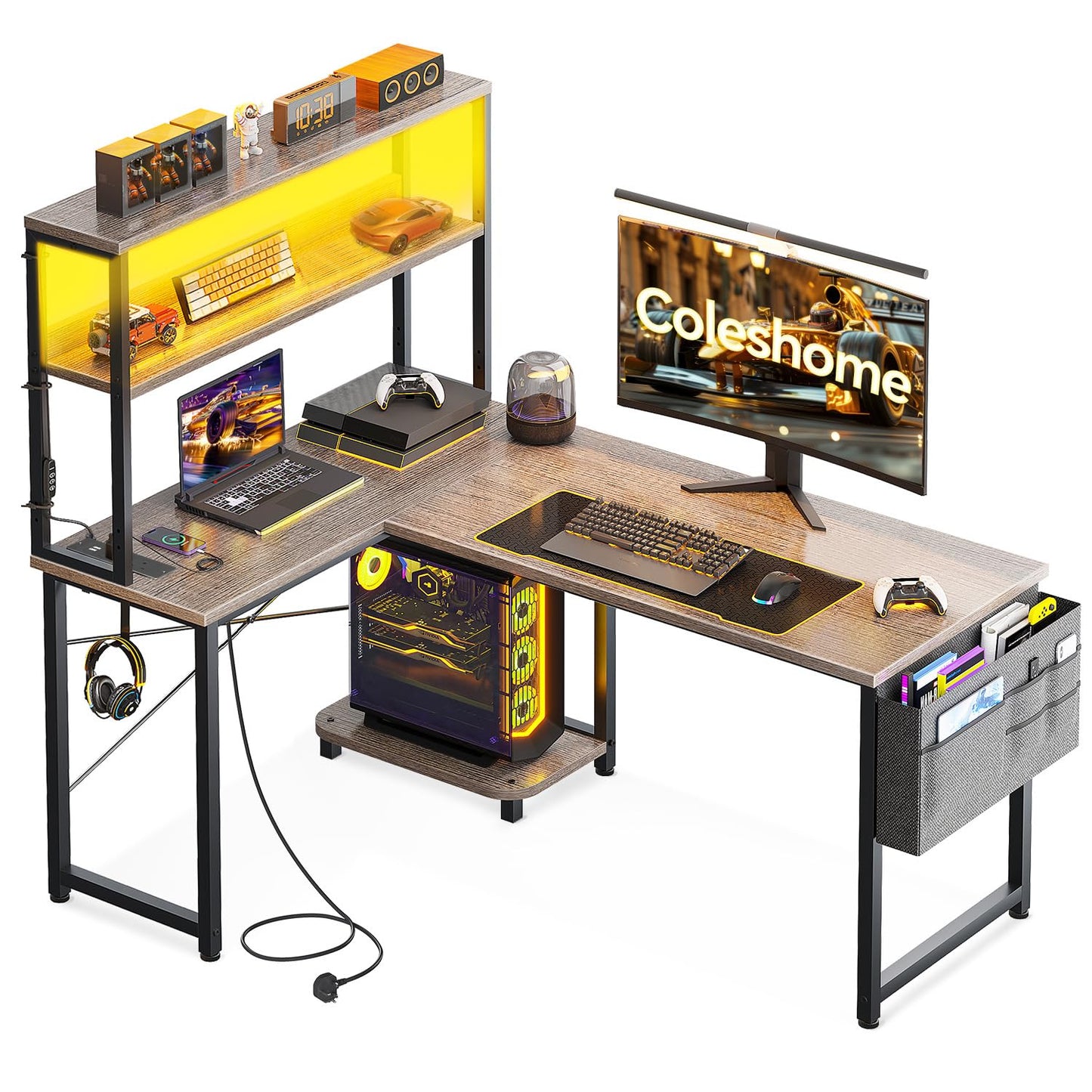Coleshome L Shaped Gaming Desk with LED Lights & Power Outlet, Grey