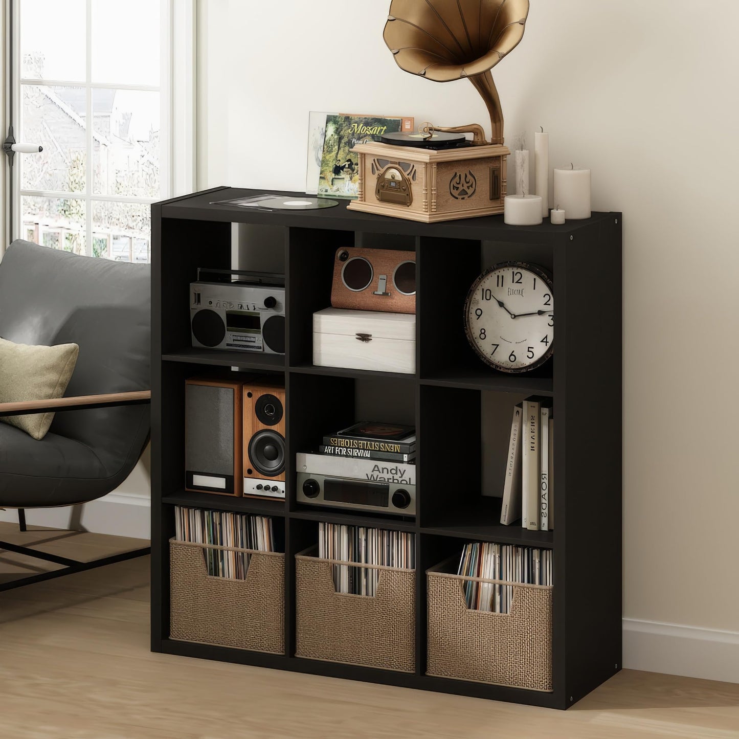 Furinno CUBICLE Record Player Stand with Vinyl Storage, 9-Cube 1.2 Extra Thick Vinyl Record Storage