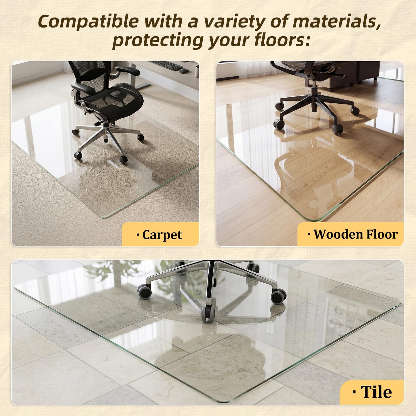 Koonmi Tempered Glass Chair Mat, 122 x 152 cm, Clear