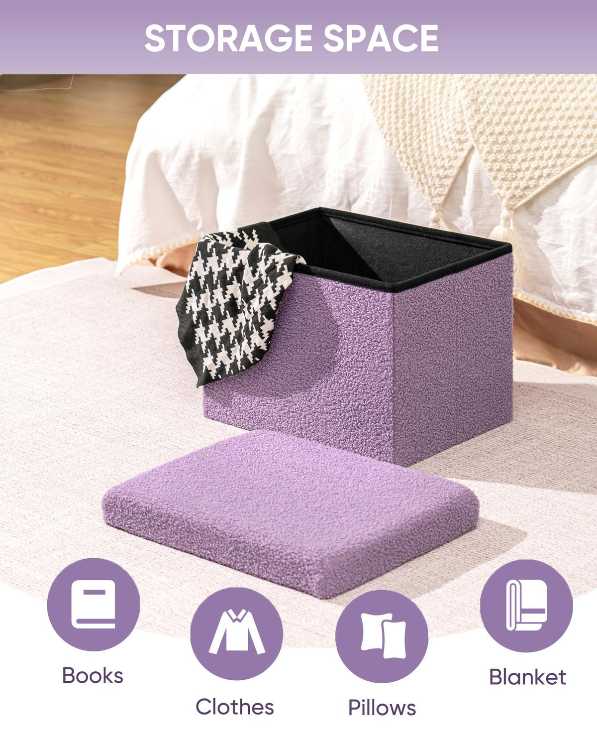 Bonlife Boucle Ottoman Seat with Storage,Folding Small Footstool for Living Room,Cube Toy Chest Box,Foot Rest,Purple,42x32x32cm