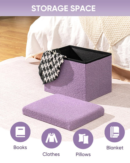 Bonlife Boucle Ottoman Seat with Storage,Folding Small Footstool for Living Room,Cube Toy Chest Box,Foot Rest,Purple,42x32x32cm