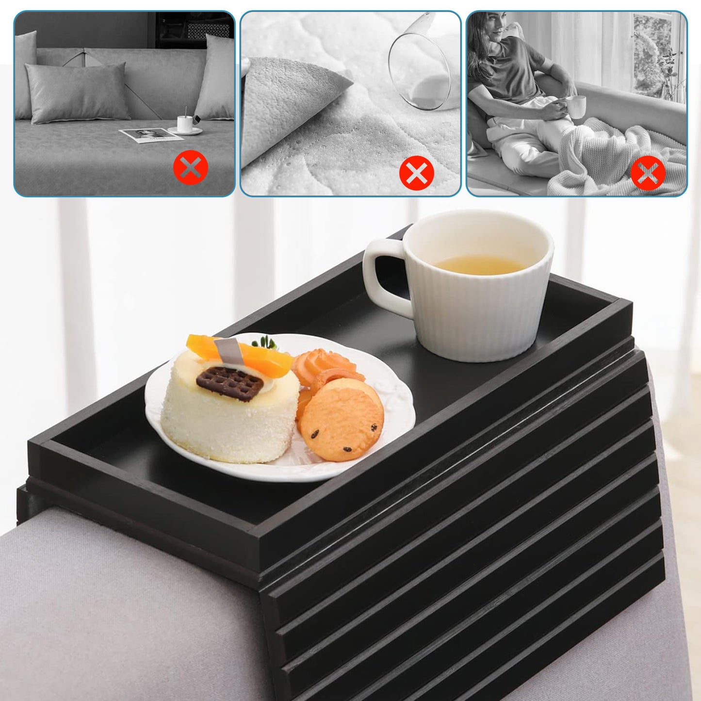 Black Wooden Sofa Arm Tray: Flexible Foldable Couch Armrest Tray