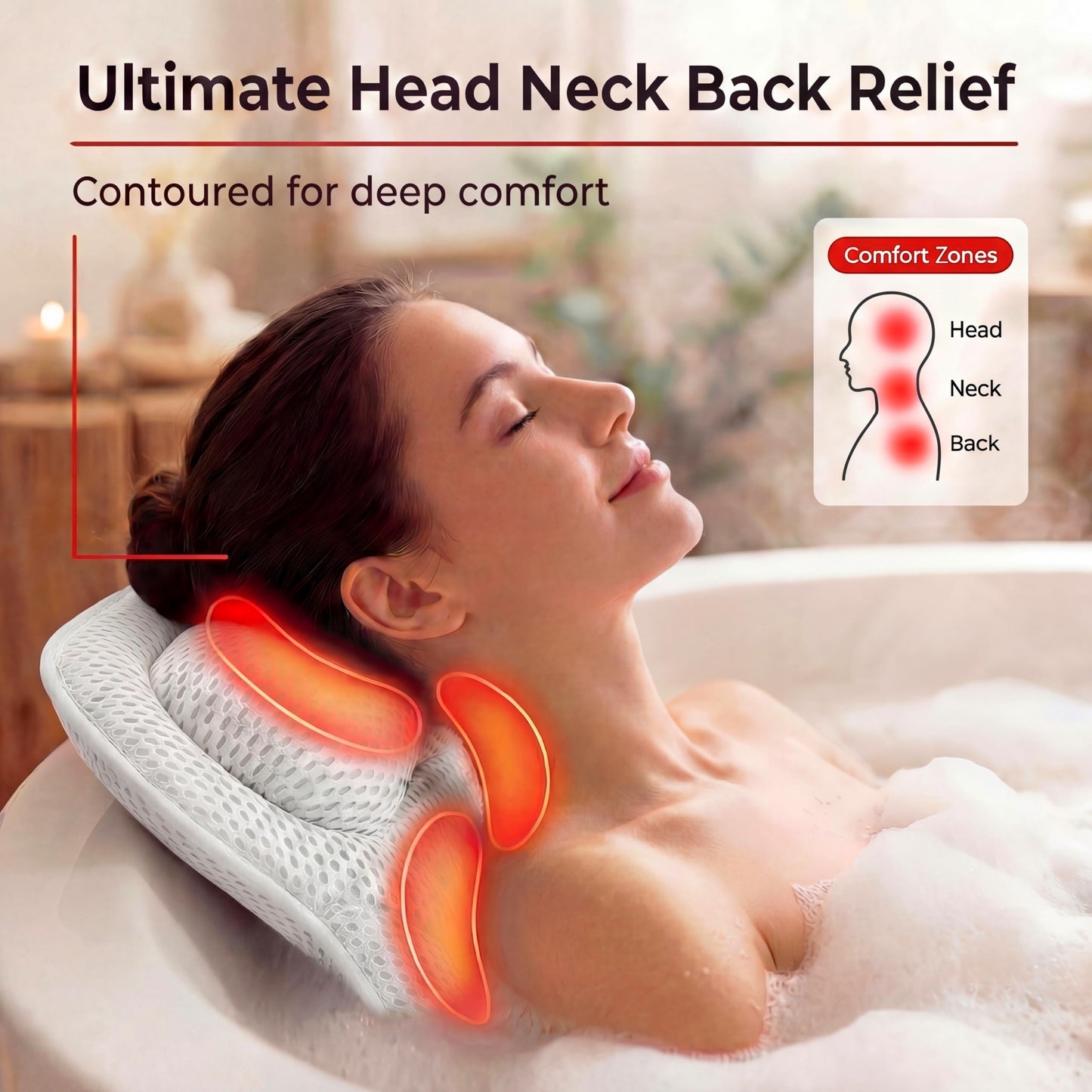 Bath Pillow LAVISMA Ergonomic Bathtub Cushion with 4D Breathable Mesh, Head, Neck, Shoulder & Back Support, 6 Strong Suction Cups