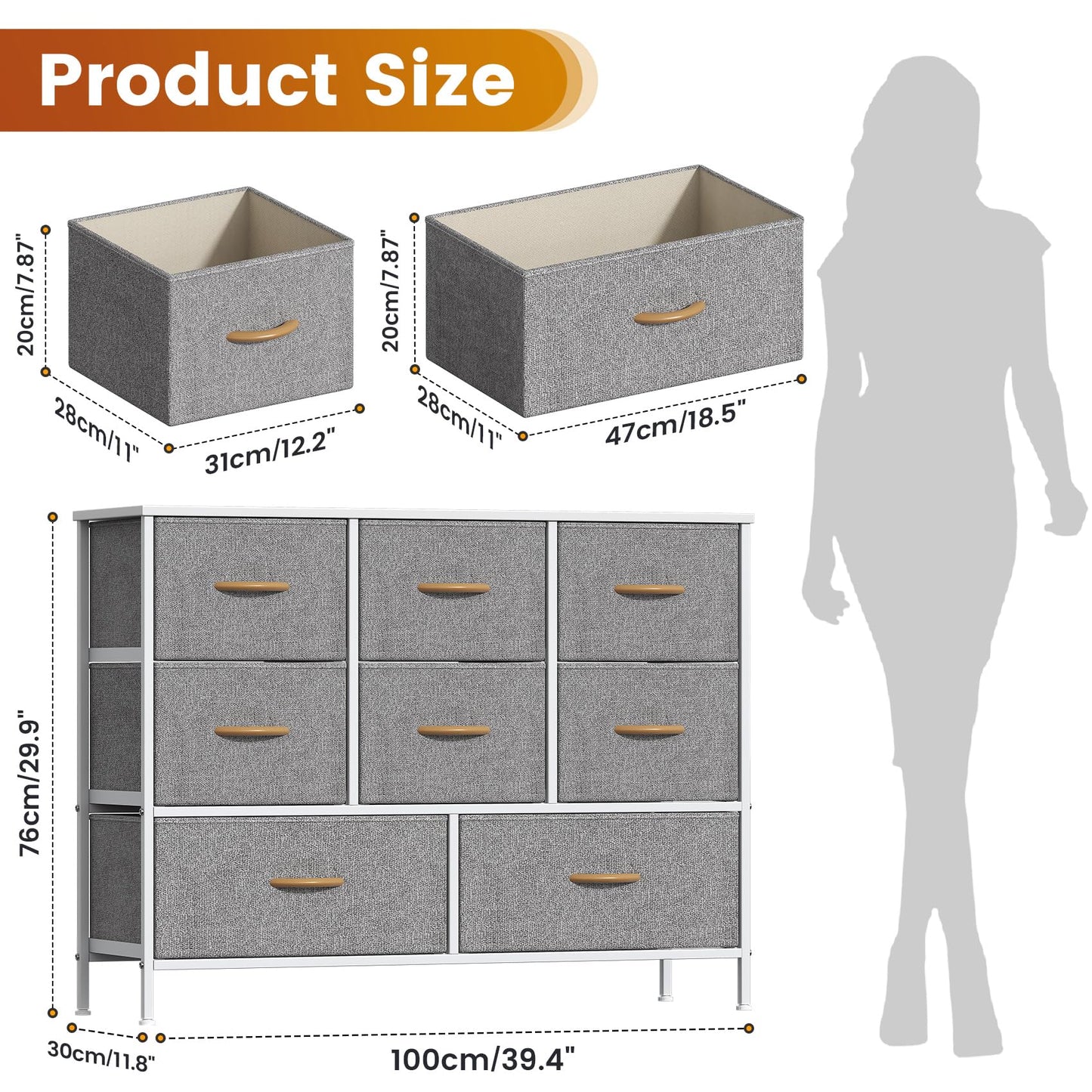 Feonase Chest of Drawers, Bedroom Dresser with 8 Fabric Drawers, Metal Frame & MDF Wood Top, Adjustable Feet, Storage Organizer Unit for Bedroom