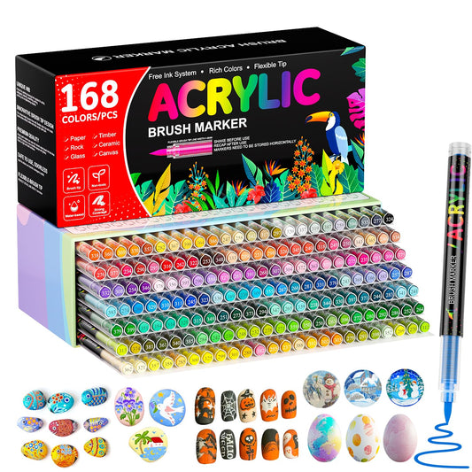 Sanyetral 168 Colors Acrylic Paint Pens, Paint Markers Brush Tips - Acrylic Pens for Rocks, Wood, Glass, Fabric & Paper,Shoes, Mugs Art Crafts