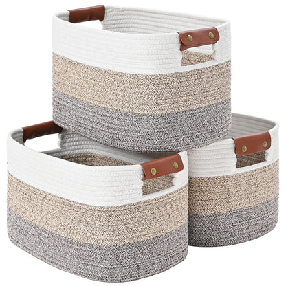 Cotton Rope Storage Basket Woven Shelf Storage Bin with Detachable Leather Handles, Decorative Closet Shelf Woven Basket (Gradient Brown 3PACK)