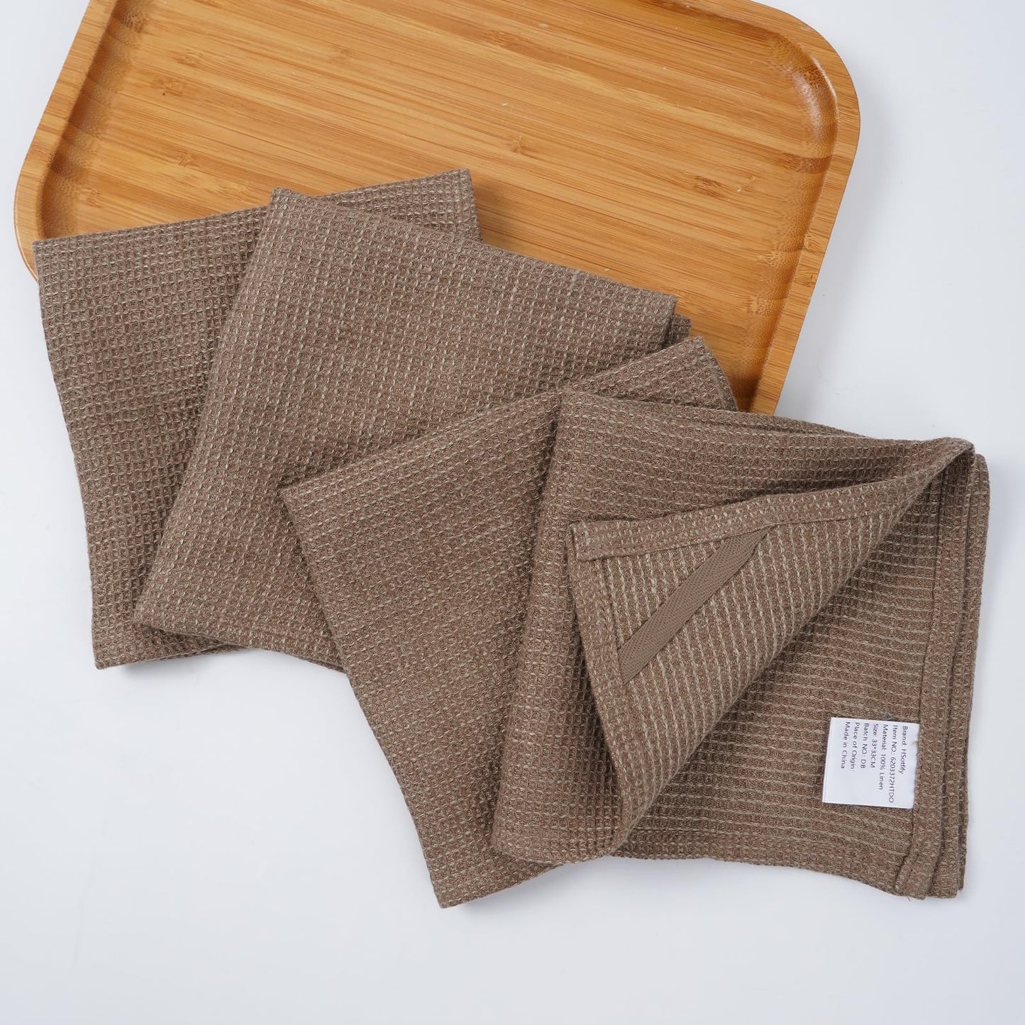 HSOFTIFY 100% Pure Linen Washcloths with Waffle Weave 4 Pack, Coffee