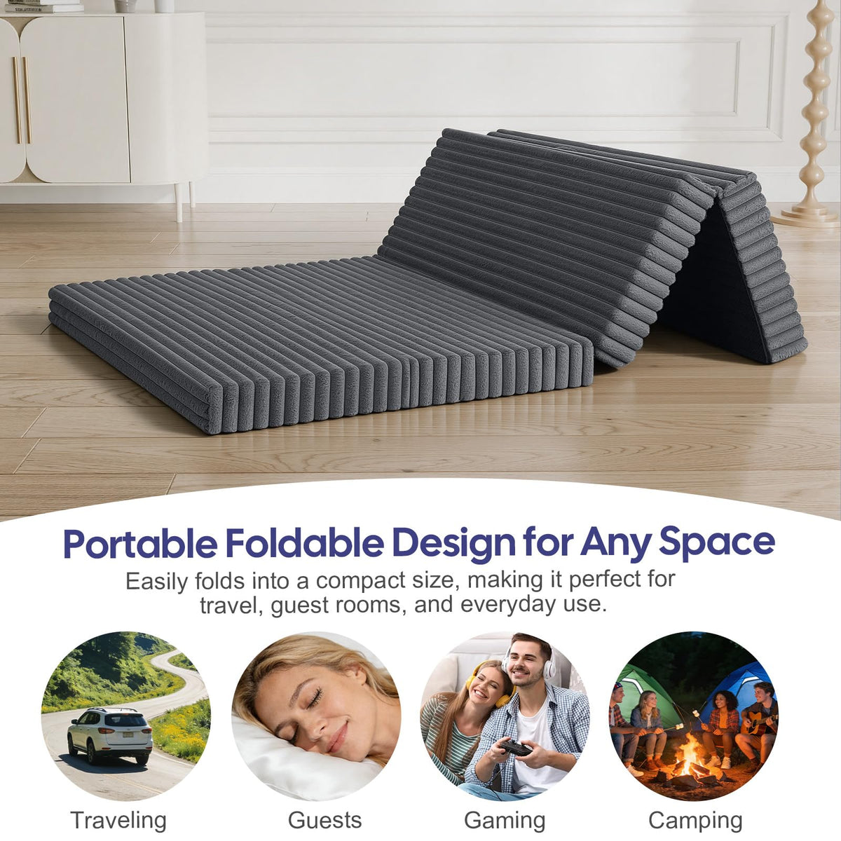 MeMoreCool Folding Floor Mattress 190x120cm, 4-Fold Foam Guest Bed, Grey