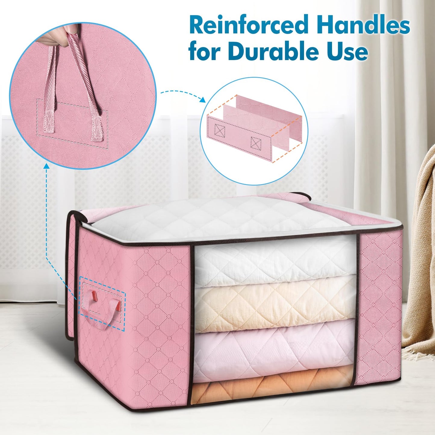 Budding Joy 90L Storage Bags, Large Clothes Storage Boxes with Zips Pink