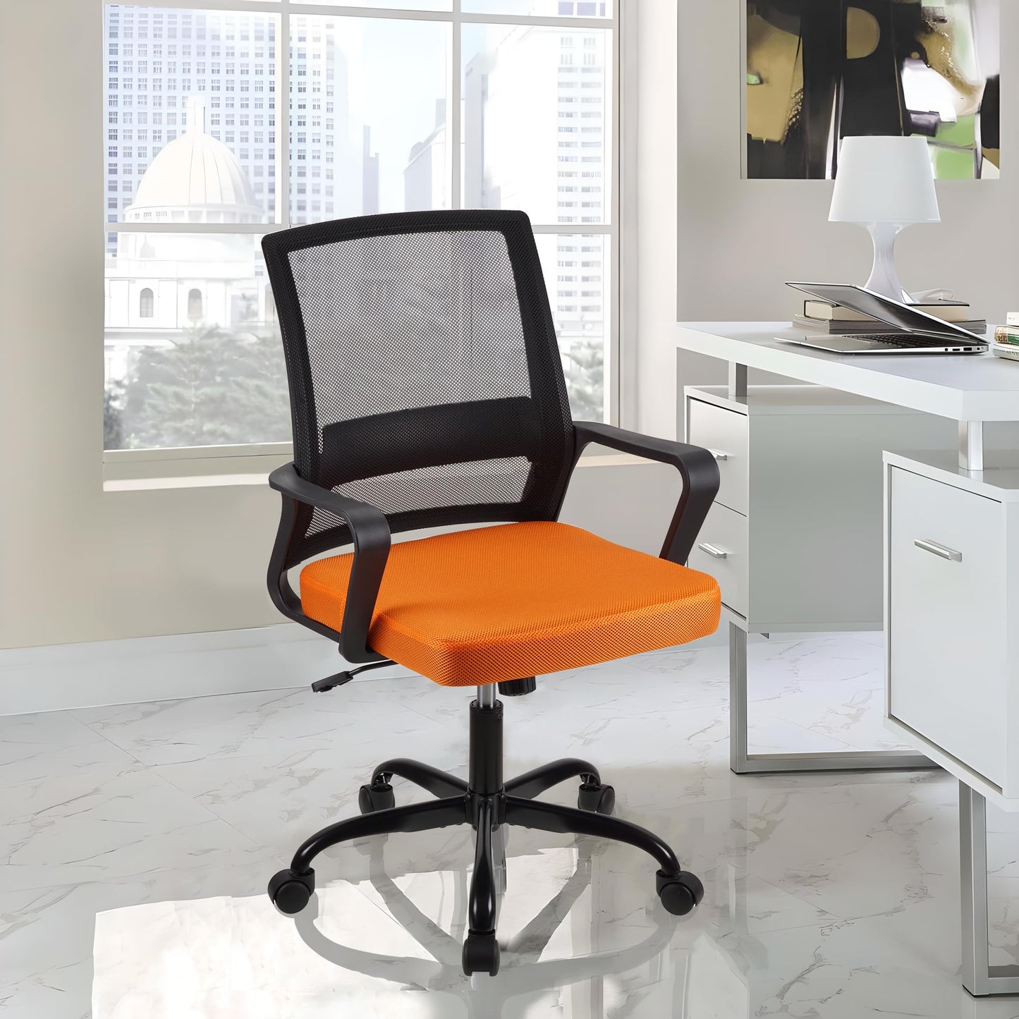 T-THREE.Adjustable office chair, ergonomic mesh swivel seat, with lumbar support, height adjustment, 360° rotation, and tilt function