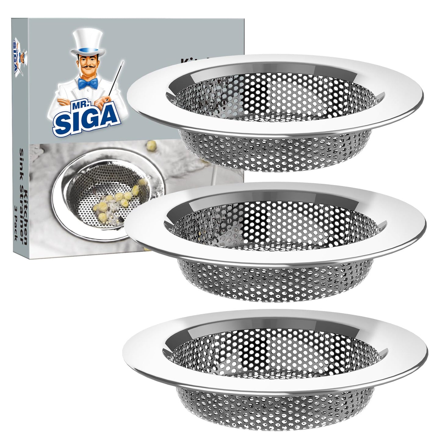 MR.SIGA Kitchen Sink Strainer, Stainless Steel Sink Drain Strainer, Dishwasher Safe?External Diameter 11.2cm, Inner Diameter 7.6cm?Pack of 3?