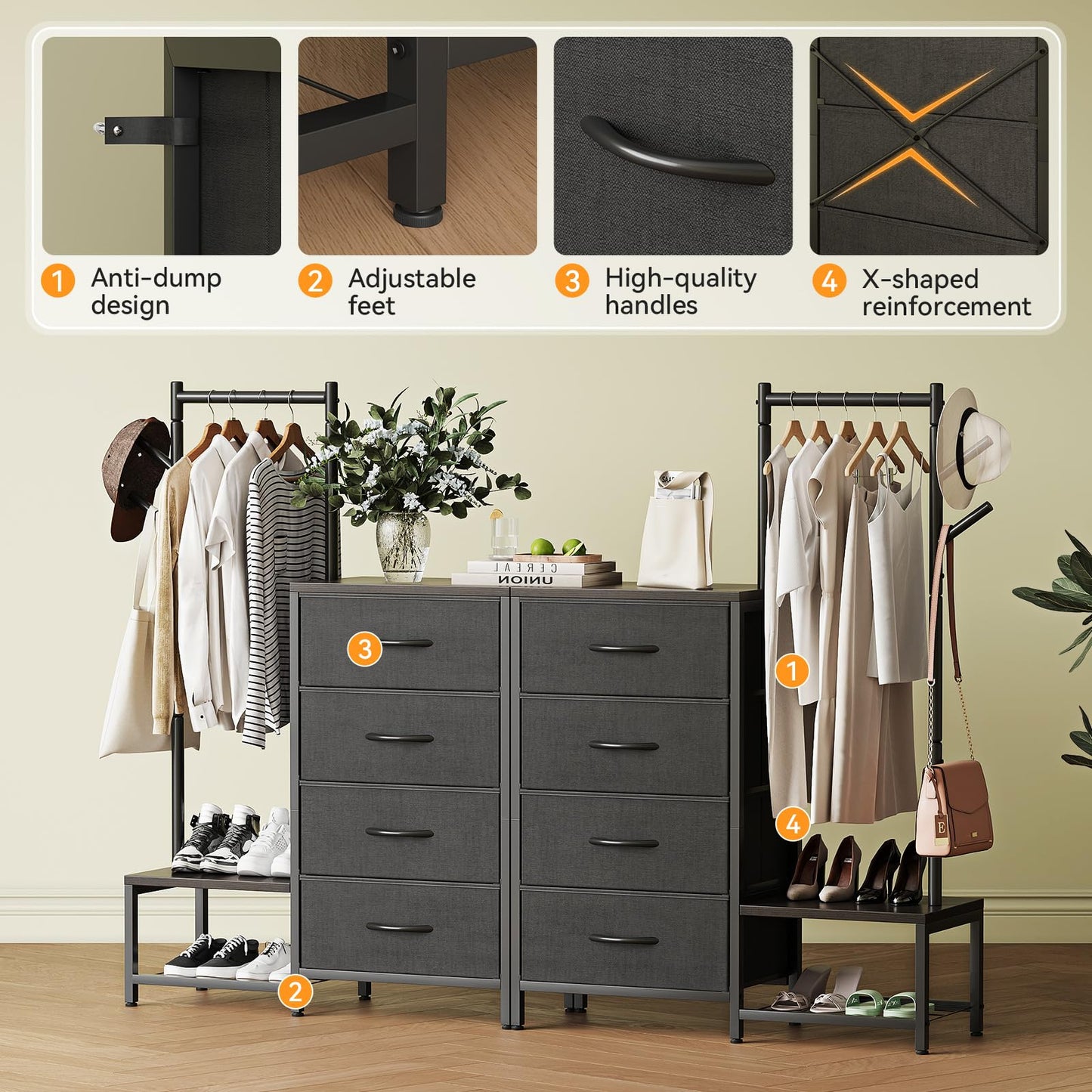 ODK 3 in 1 Chest of Drawers Bedroom, 4 Fabric Drawers, Black, 30x75.5x120cm