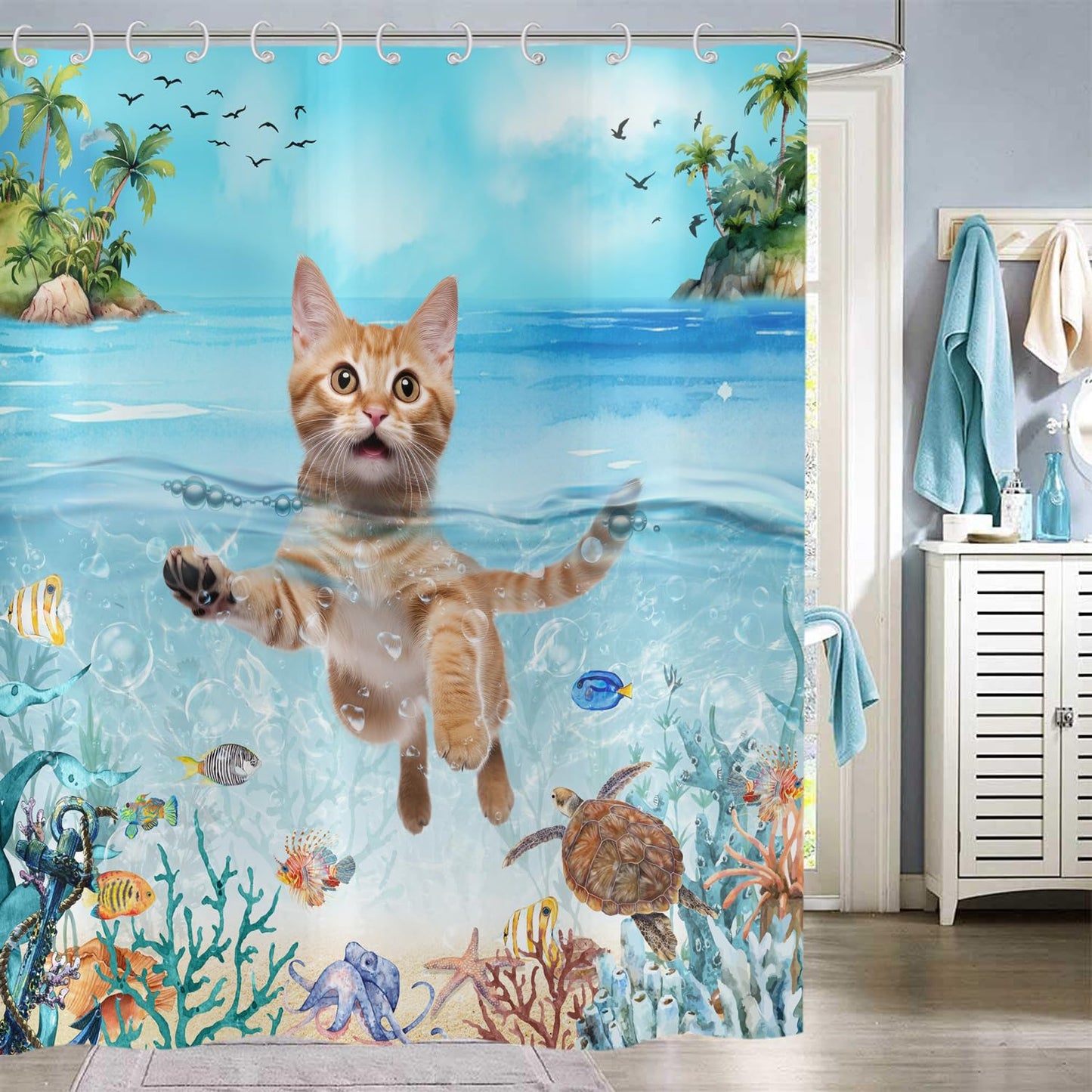 Hnmdmyi Funny Cat Shower Curtain 180x200, Cute Kitten Swimming in Blue Ocean Sea Turtle Tropical Fish Starfish Coral Kids Bathroom Shower Curtains