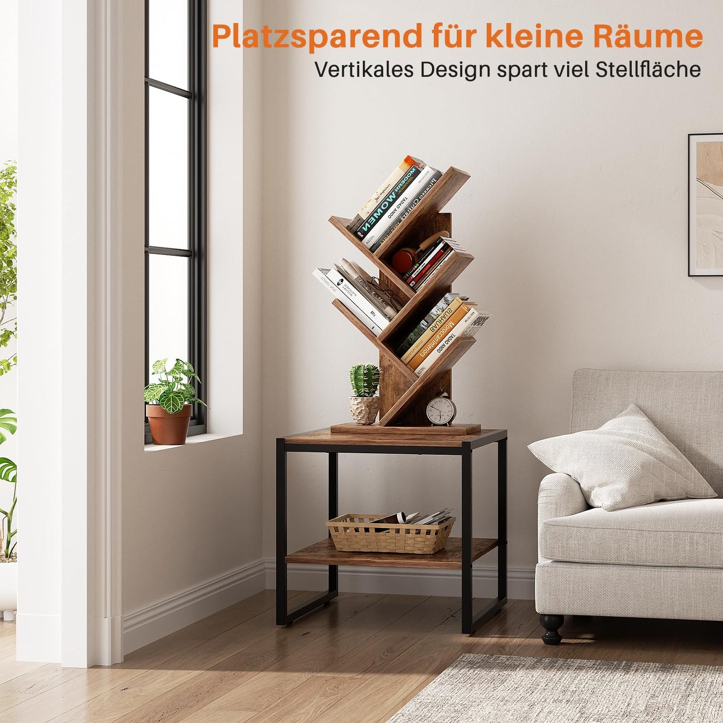 iSunirm 5-Tier Tree Bookshelf, Floor Standing Bookcase, Modern Wood Book Shelf for Bedroom, Living Room, Home Office, 38x20x77cm,Brown