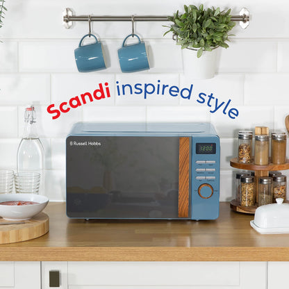 Russell Hobbs RHMD714BL 17 L 700 W Scandi Blue Digital Microwave with 5 Power Levels, Wood Effect Handle & Dials, Clock & Timer, Automatic Defrost,