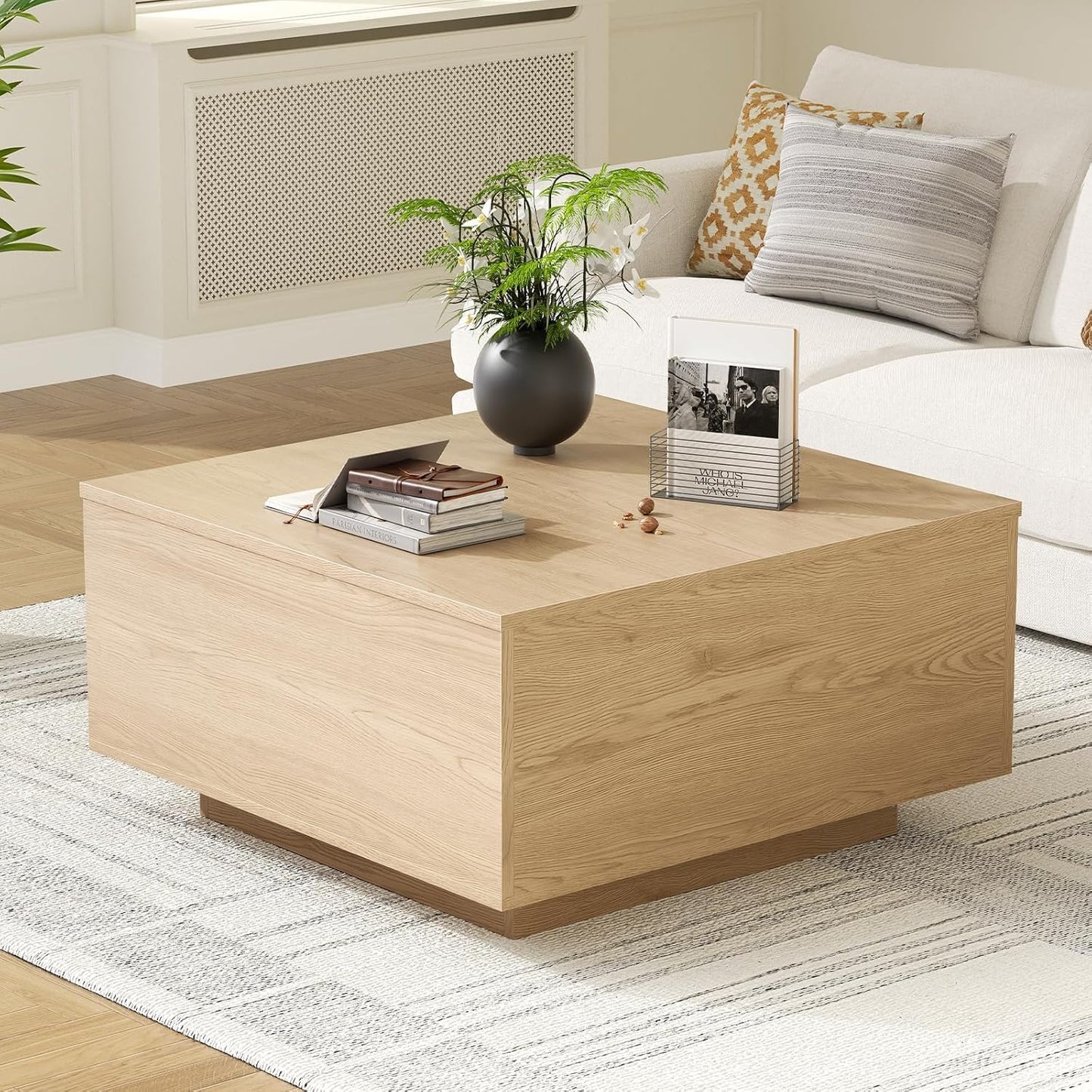 Mossora Natural Lift Top Coffee Table with Hidden Storage, 80 * 80 * 40cm