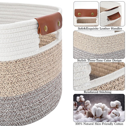 Cotton Rope Storage Basket Woven Shelf Storage Bin with Detachable Leather Handles, Decorative Closet Shelf Woven Basket (Gradient Brown 3PACK)