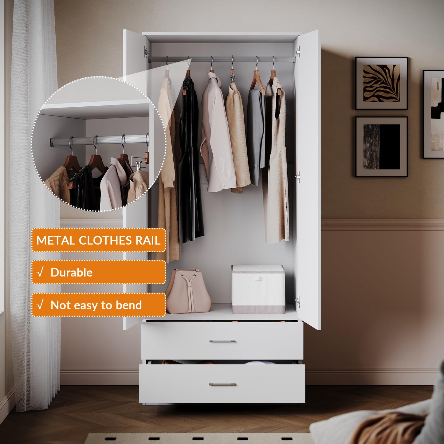 ELEGANT 2 Door Wardrobes with Clothes Hanging Rail and 2 Drawers, White