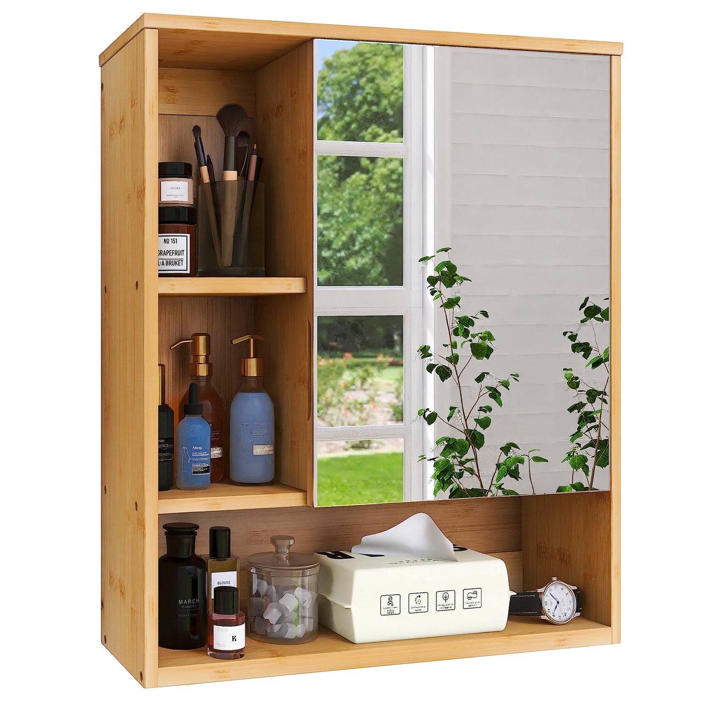 SMIBUY Bathroom Mirror Cabinet Wall Mounted, Bamboo Space Saver Medicine Cabinet, Wall Hanging Over Toilet Storage Cabinet with Mirror Door and