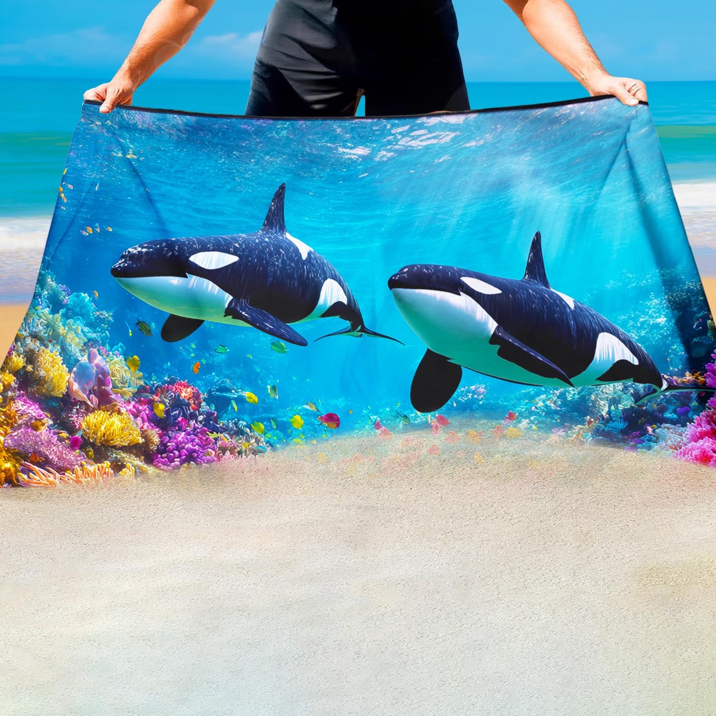 Violetpos Orca Coral Reef Beach Towe, Extra Large 180x90 cm 250GSM Microfibre, Sand Free Quick Dry