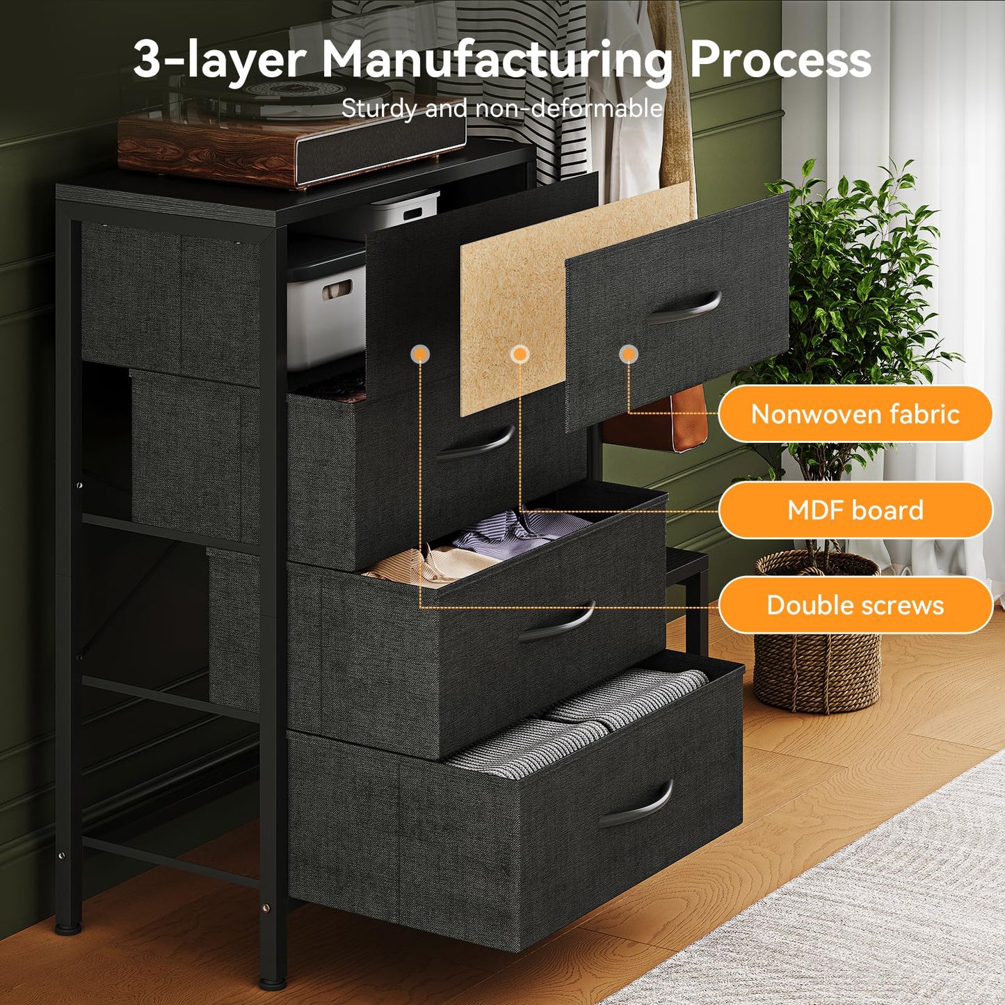 ODK 3 in 1 Chest of Drawers Bedroom, 4 Fabric Drawers, Black, 30x75.5x120cm