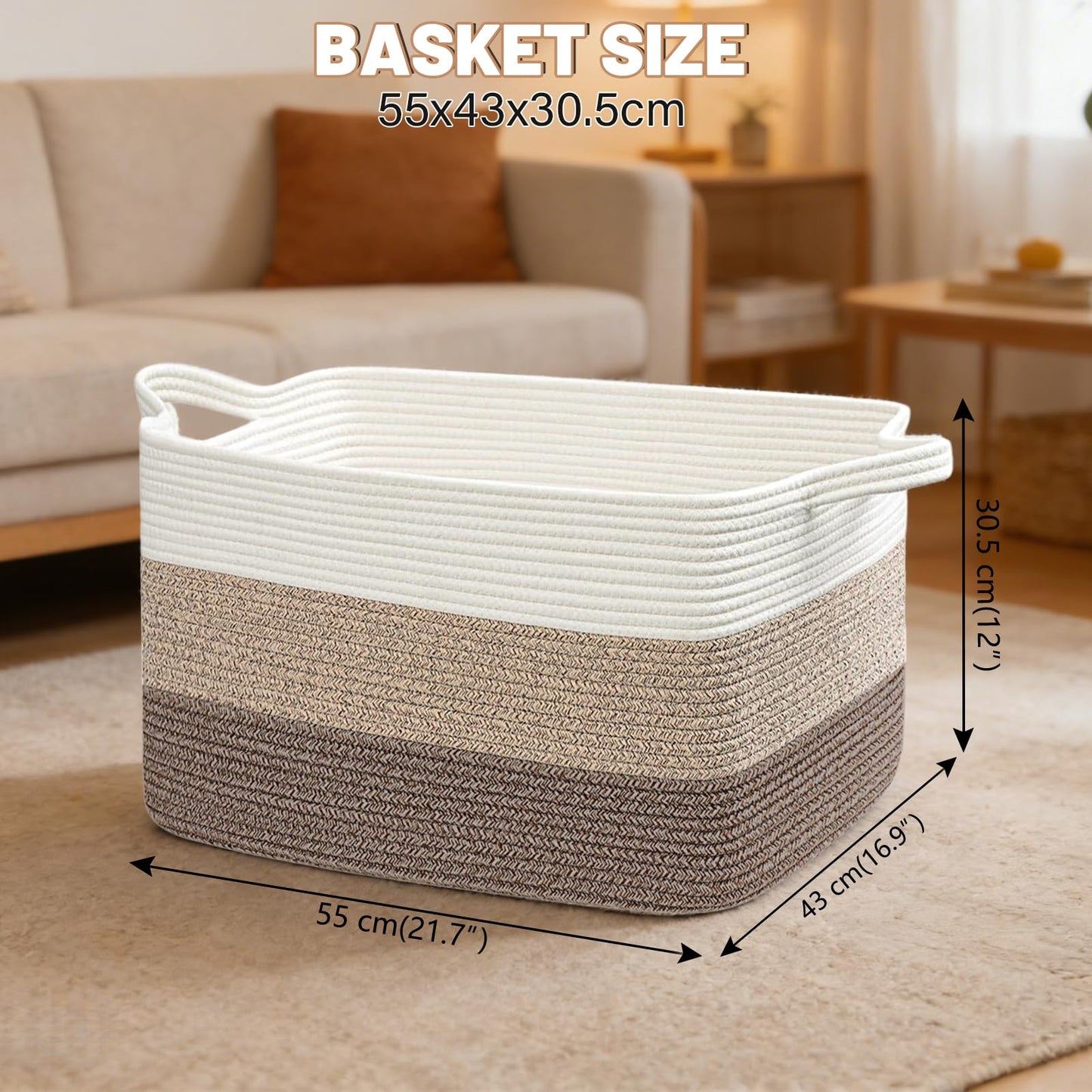 FANGCCC Large Storage Basket 55 x 43 x 30.5 cm, Cotton Rope Blanket Basket with Handles, Woven Storage Basket for Laundry, Clothes and Toy Storage