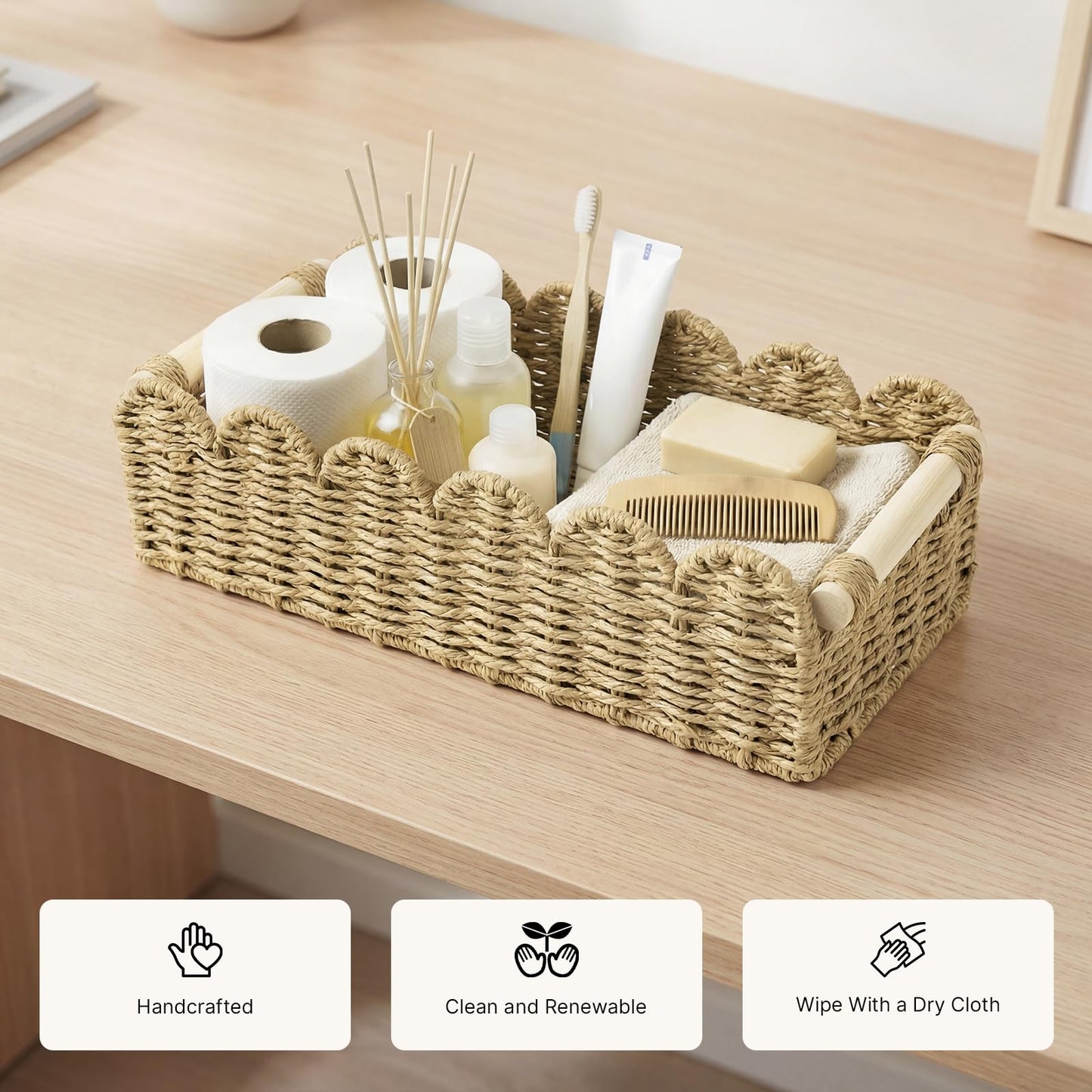 Storage Basket for Toilet Tank Top Scalloped Edge Woven Paper Rope Wicker Bin with Wooden Handles Cute Decorative Organizer Tray for Counter Shelf &