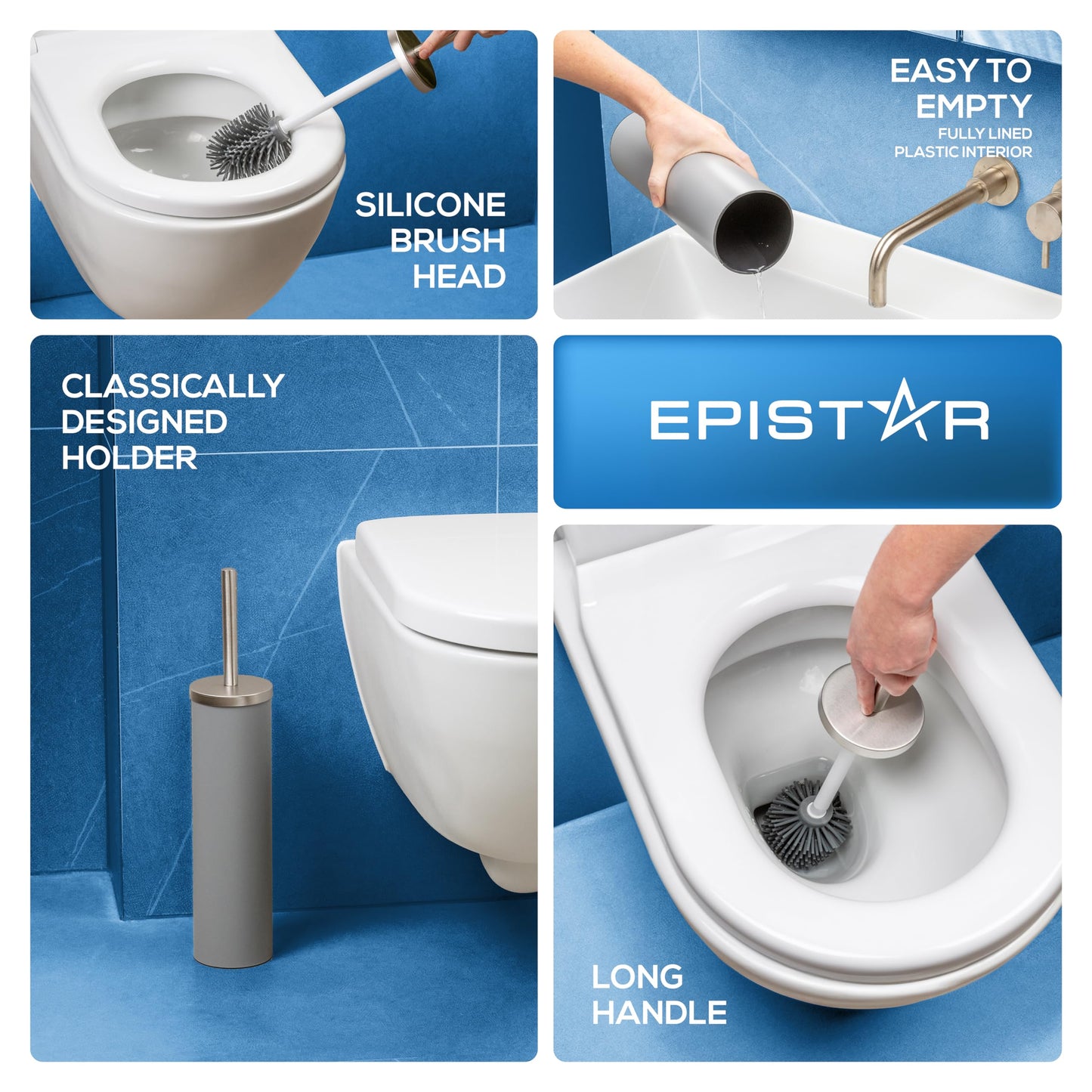 EPISTAR Silicone Toilet Brush & Holder Set - Stainless Steel - Replacement Heads Available - 45cm Tall - Toilet Brush Silicone with Long Handle (Grey)