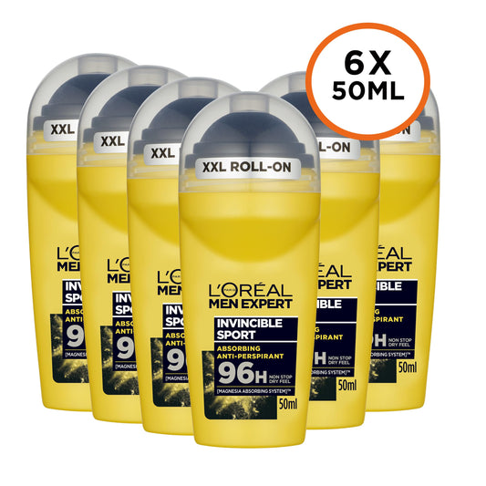L'Or?al Paris Men Expert 96H Invincible Sport Anti-Perspirant Roll On Deodorant for Men, 50ml Pack of 6, Bulk Buy