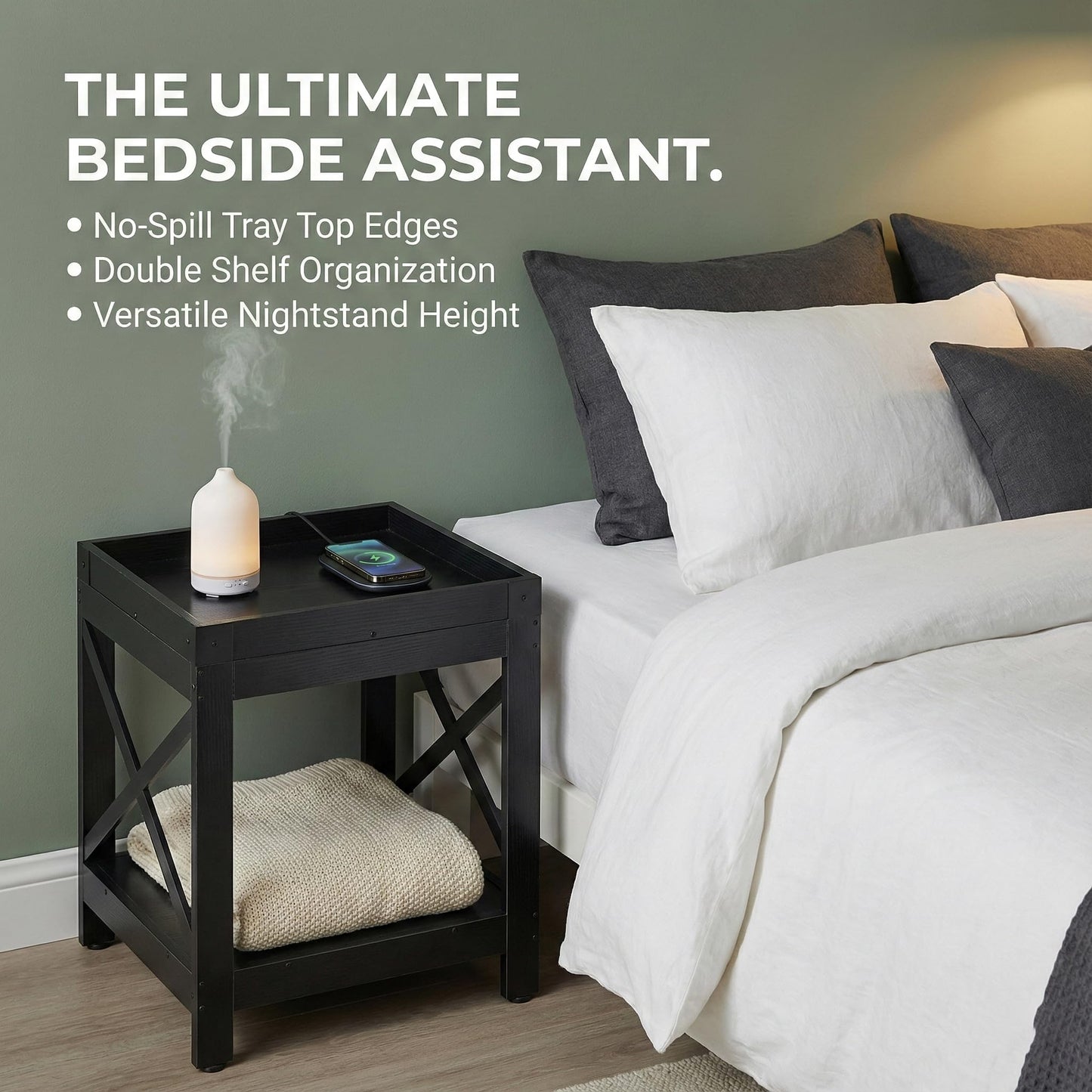 Farmhouse Square Side Table with Open Storage Shelves, Large End Table Modern Sofa Table with X-Metal Frame