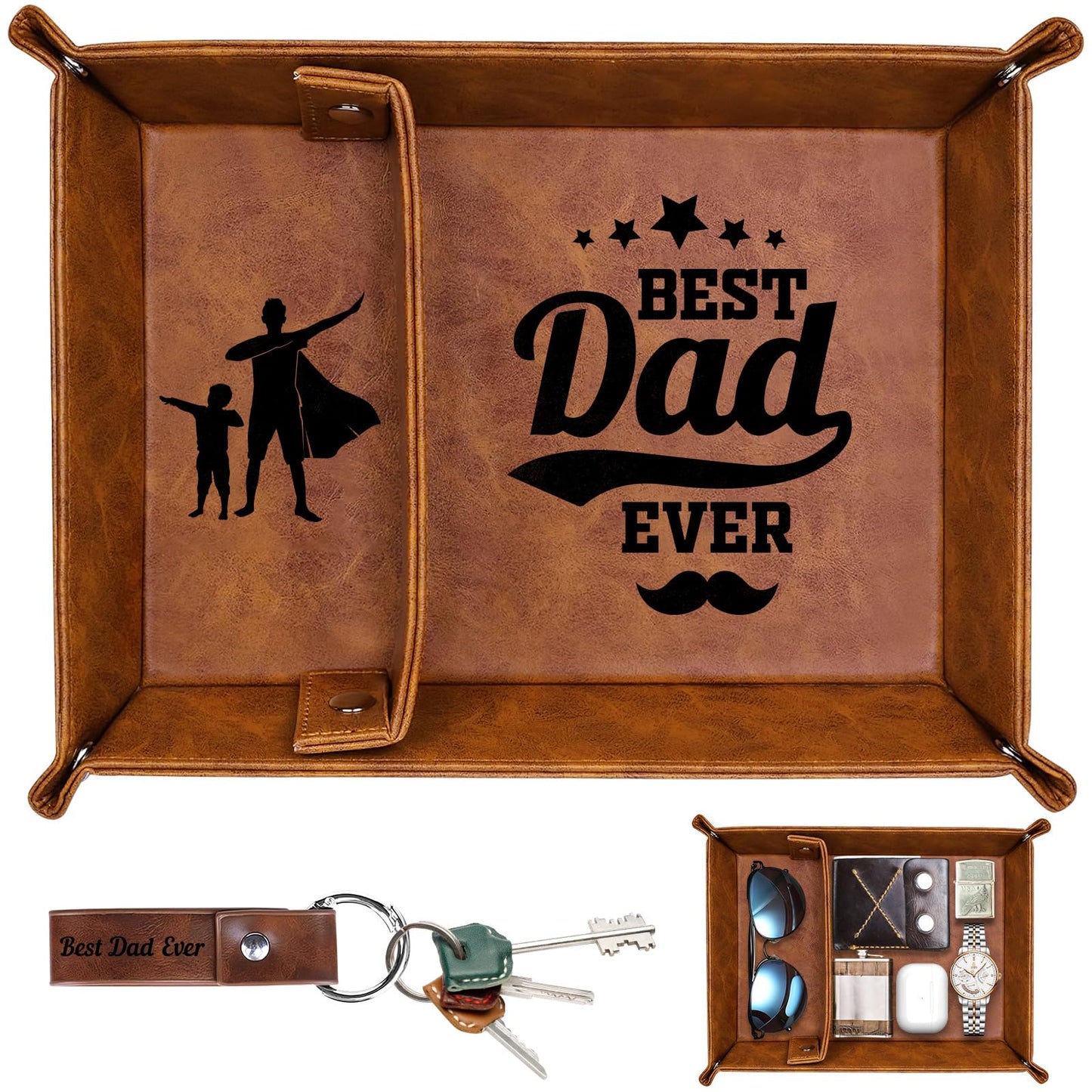QXRXN Dad Fathers Day Birthday PU-Leather Valet Tray, Bedside Organiser Daddy Birthday Gifts from Son Daughter