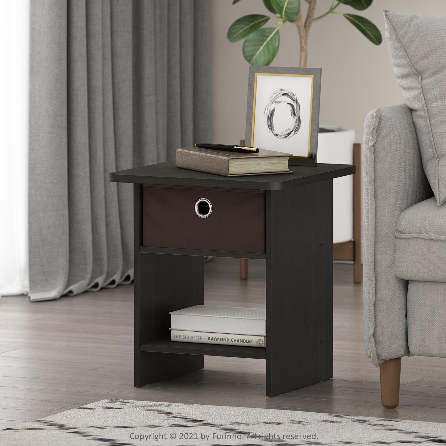 Furinno DARIO Side Table, Square End Table with Storage Bin, Round Corner Night Stand, Bedside Table with Open Back Shelf, for Living Room, Bedroom