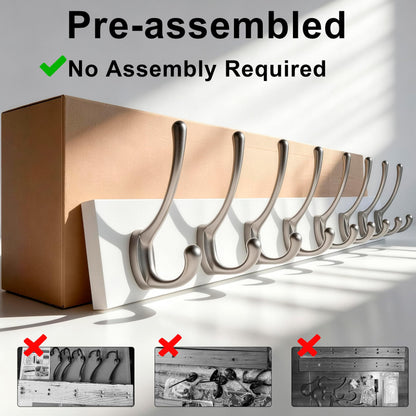 HONSKY Wall Coat Rack - 8 Double Hooks 56cm | Wooden & Metal Towel/Coat Hanger for Entryway, Bathroom, Bedroom, Garage | Easy Install