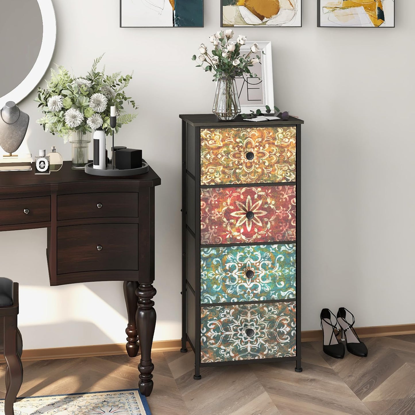 Welfuturer Chest of Drawers with 4 Fabric Drawers Bohemian Print Bedroom Storage Unit Nightstand End Table with Wood Top Metal Frame for Bedroom