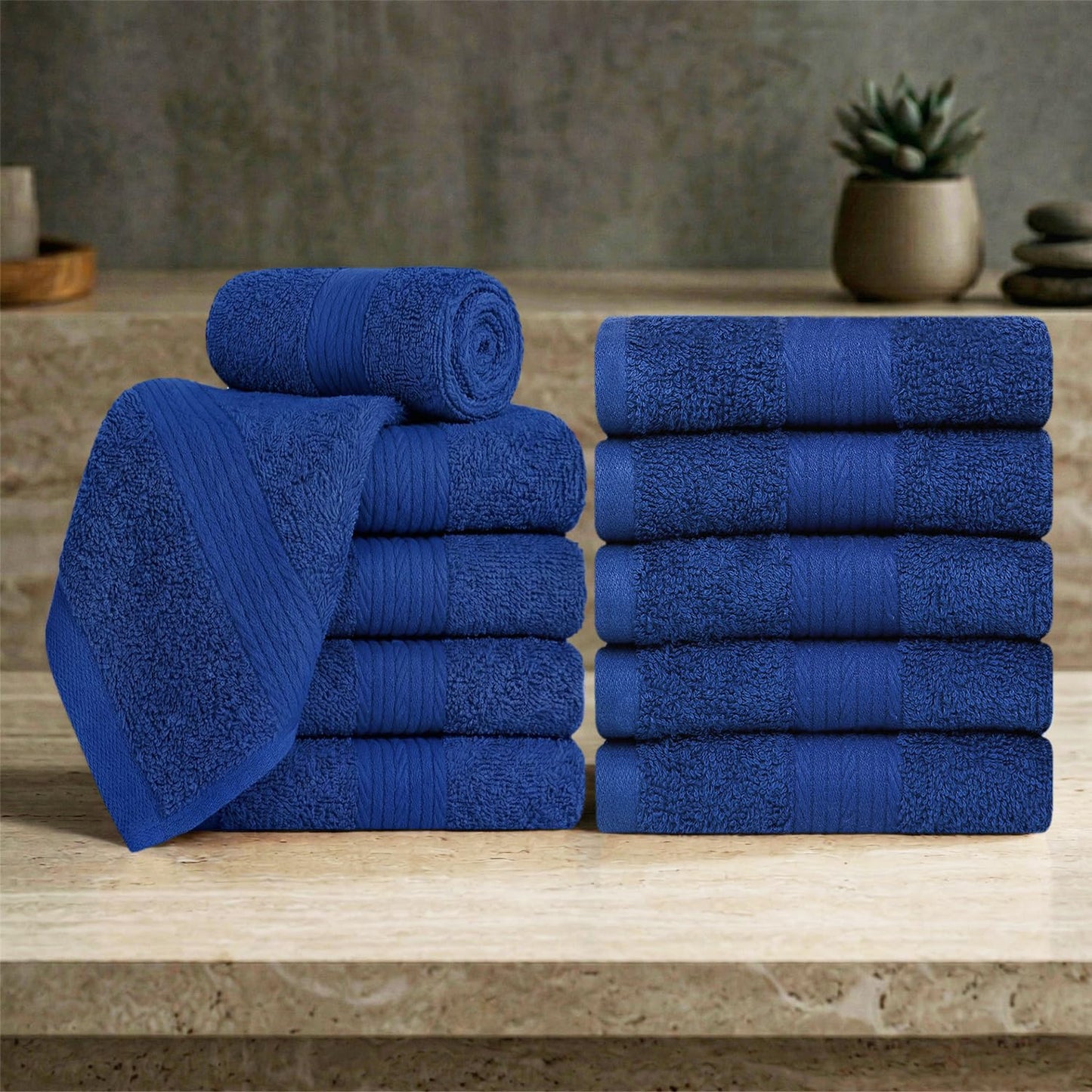 Ample Decor Cotton Washcloths Set 10, 30 X 30 cm, 100% Cotton Premium Quality Flannel Face Cloths, Highly Absorbent Fingertip Towels - Navy