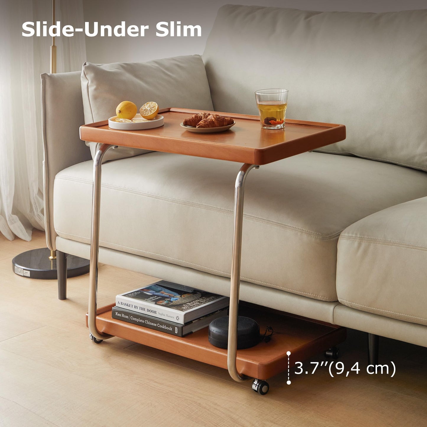 YESWOOD Solid Wood Side Table with Wheels, C Shaped Rolling End Table