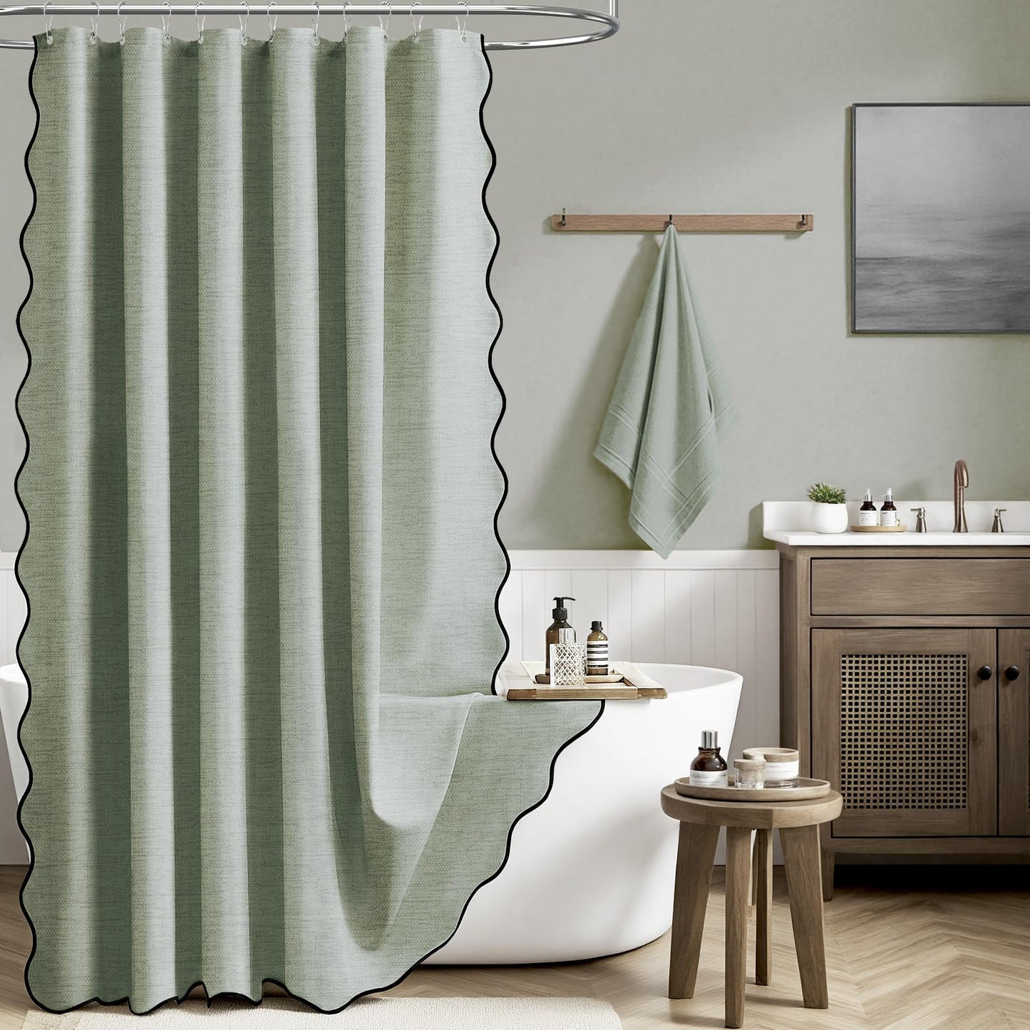 BTTN Extra Long Scalloped Shower Curtain, Waterproof, 184x215cm, Sage Green