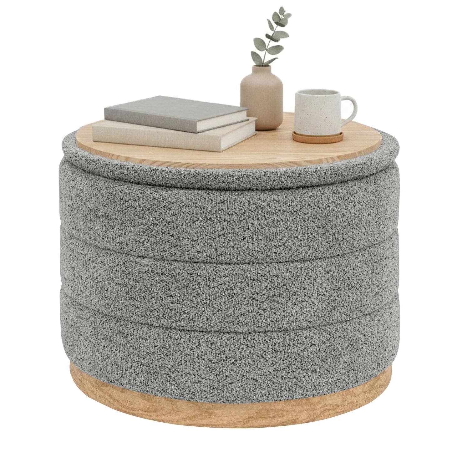 Bonlife Round Chenille Storage Ottoman, Folding Footstool with Table Top, 58x58x44cm, Load Capacity 150kg, for Living Room Bedroom Hallway