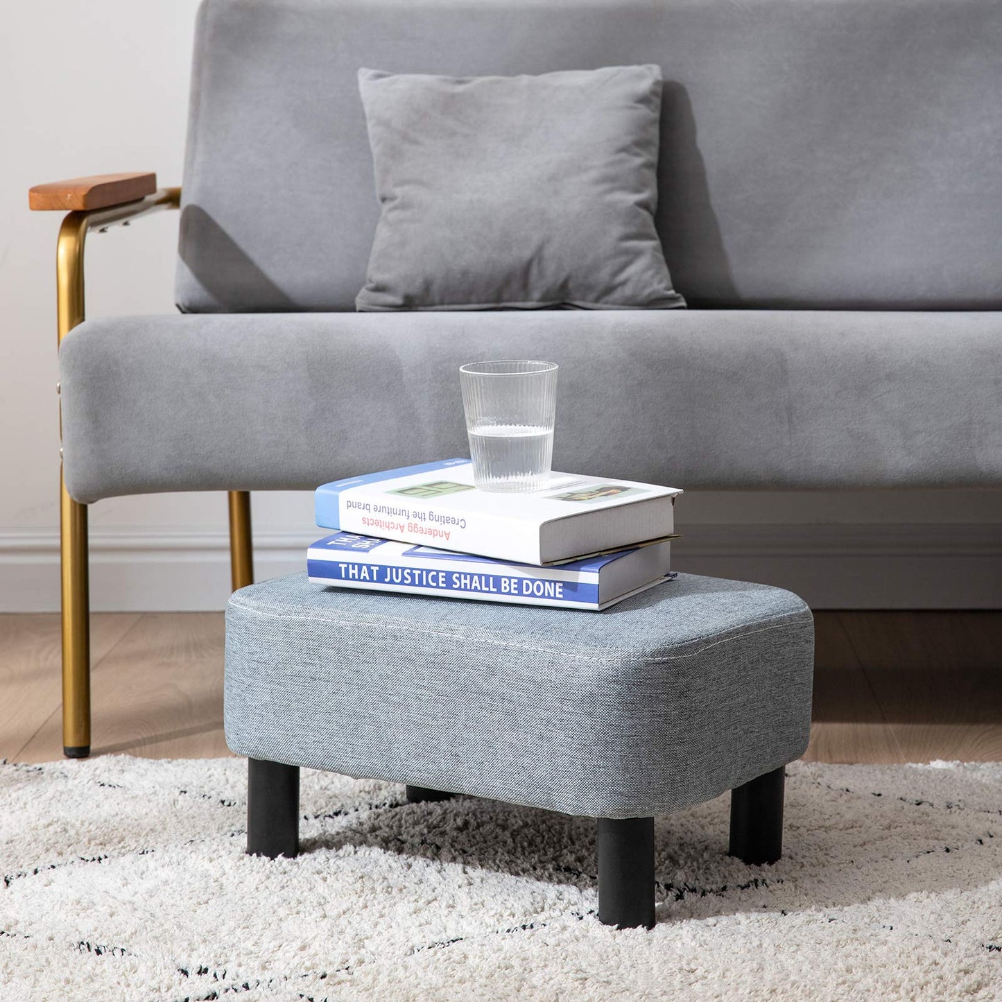 IBUYKE Small Footstool, Linen Fabric Pouf, Rectangle Ottoman with Padded Seat Pine Wood Legs and Padded