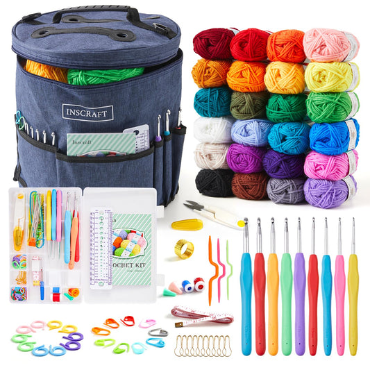 Inscraft Crochet Yarns Kit for Beginners Adults, 24 Acrylic Yarns Set for Crocheting, 1320 Yards Knitting Yarn Bag Kit, 73PCS Crochet Accessories Set