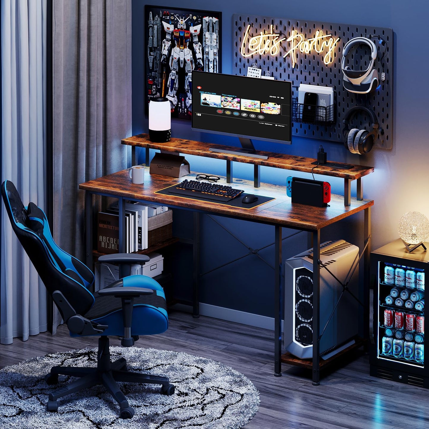 MUTUN Gaming Desk with LED Lights & Power Outlets, 120×50cm Computer Desk with Storage Shelves & Dual Monitor Stand