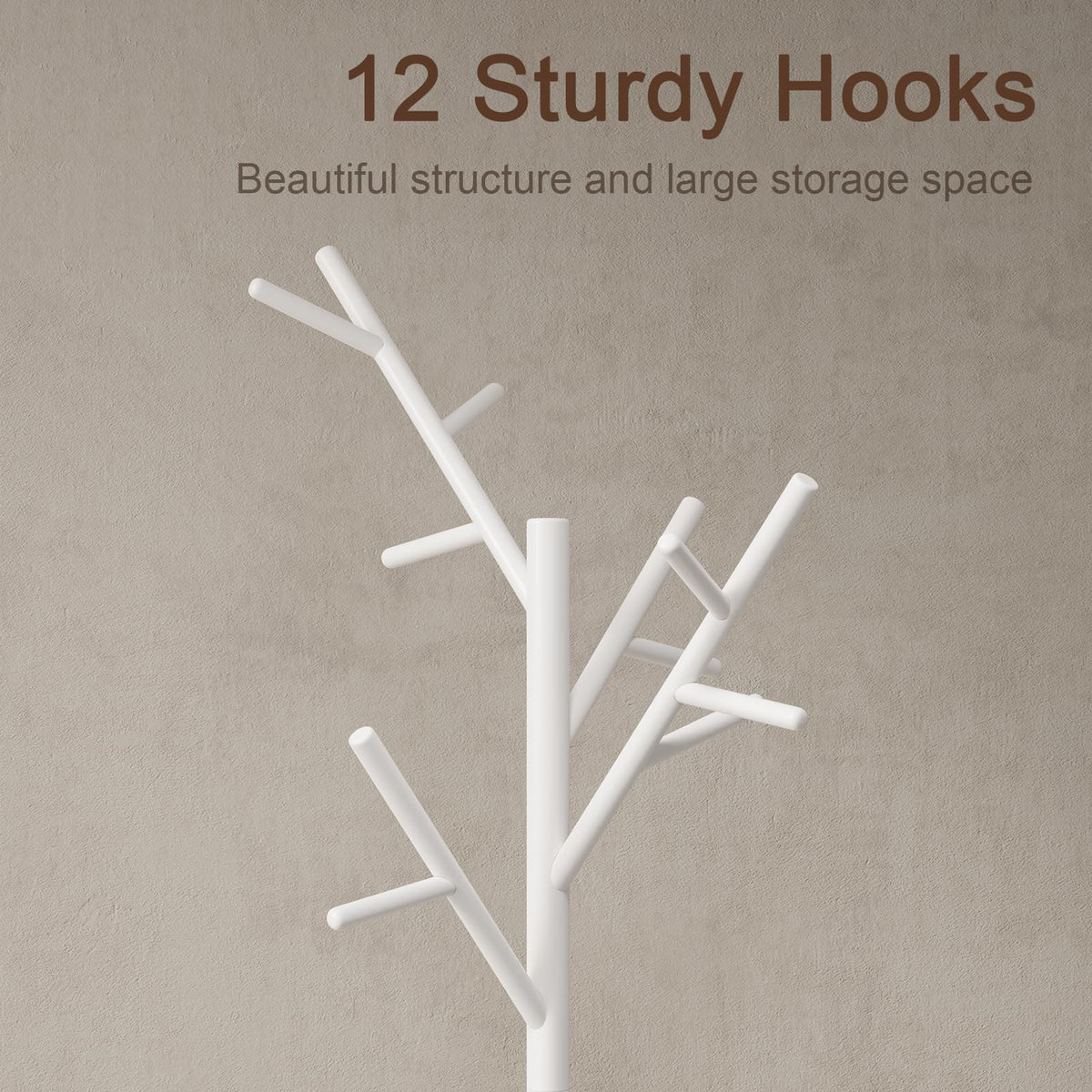 AQIMUELE Coat Stand, Wooden Coat Rack, Freestanding Stand with 12 Hooks, 3 Heights for Clothes, Hats, Bags, Coat Stands for Hallway, Small Space