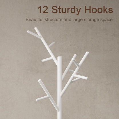 AQIMUELE Coat Stand, Wooden Coat Rack, Freestanding Stand with 12 Hooks, 3 Heights for Clothes, Hats, Bags, Coat Stands for Hallway, Small Space