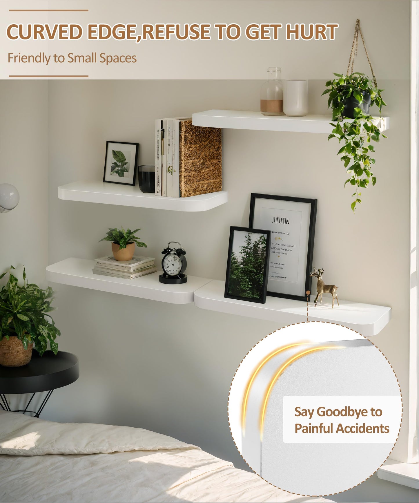 Gronda White Floating Shelves for Wall, Set of 2 Modern Midcentury Wall Mounted Shelf Curved Edge Design with Large Decor Storage Display Shelf for