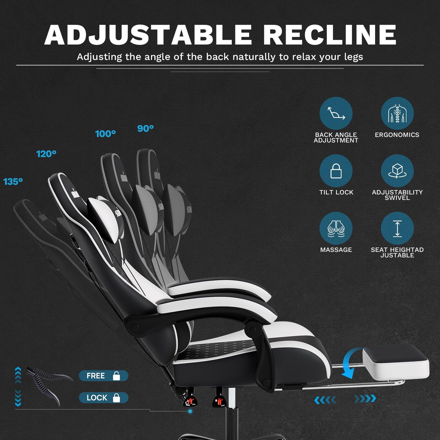 SUKIDA Gaming Chair, Ergonomic Computer Chairs with Footrest, Comfy Office Chair with Headrest, Massage Gaming Chair for Adult
