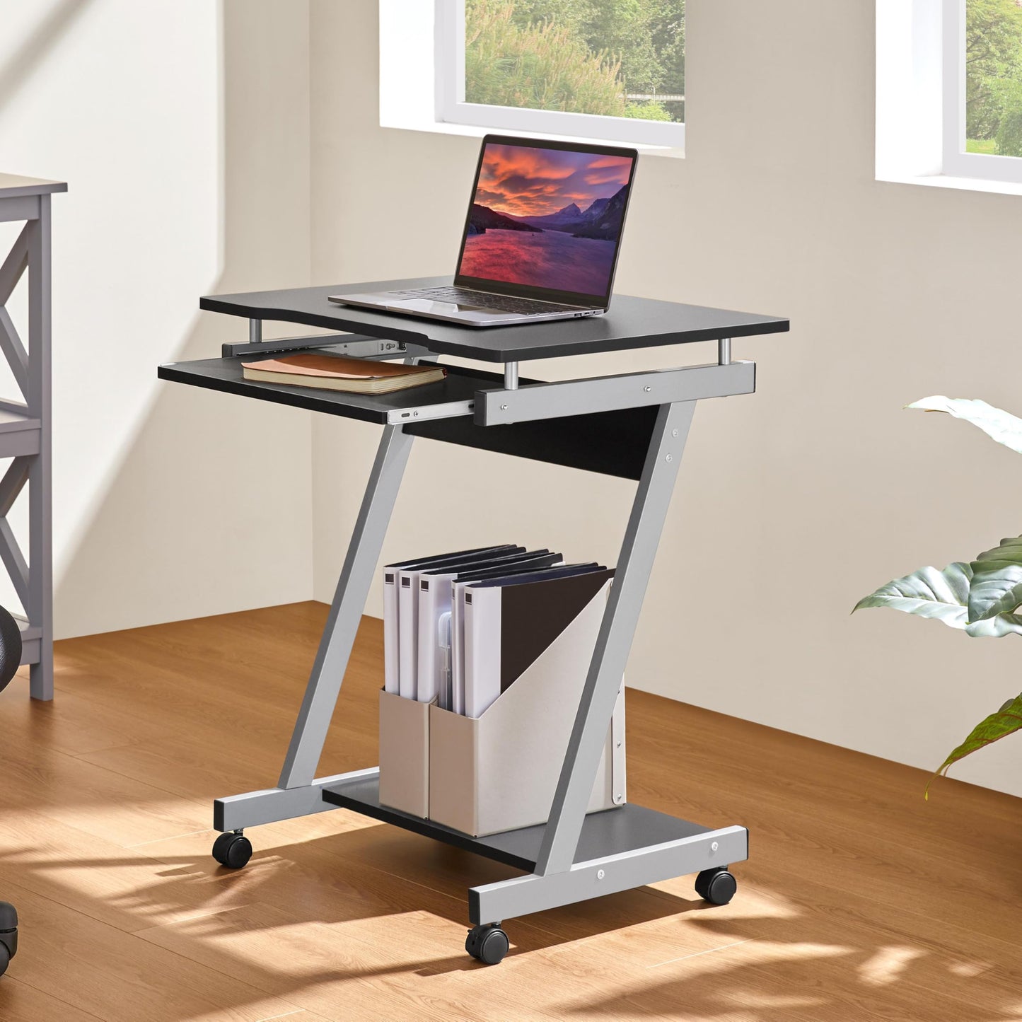 Yaheetech Small Computer Desk Z-Shaped PC Table on Wheels Movable, Black